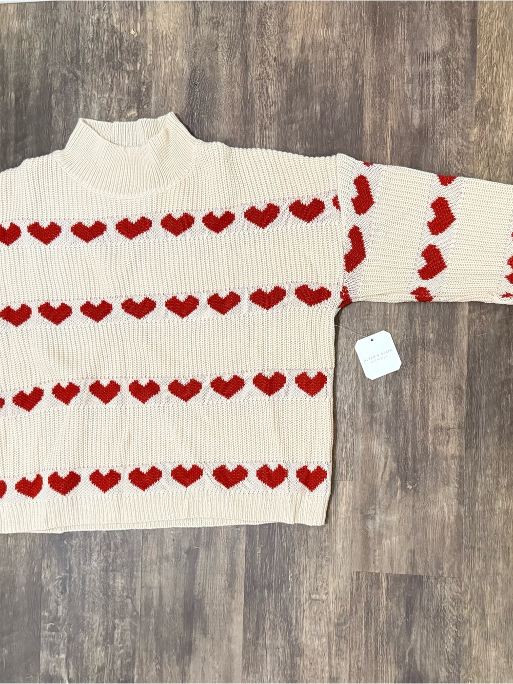 Altar'd State Cream Sweater with Red Heart Stripes Small
